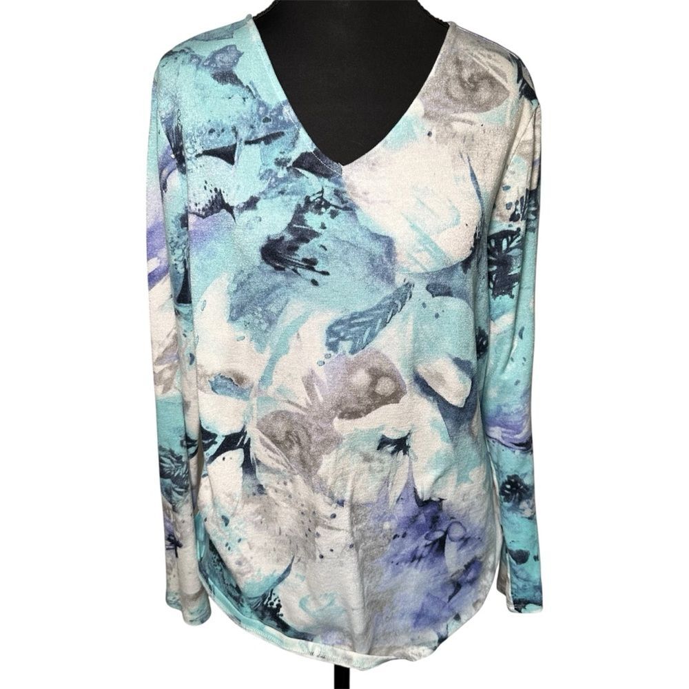 Chico's Aqua and Gray Abstract Blouse L